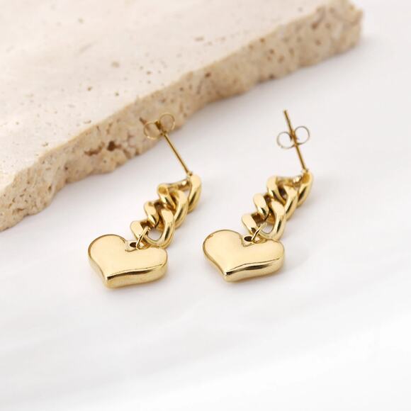 Drop Chain Heart Earrings 18K Gold Plated Stainless Steel - Picture 11 of 12